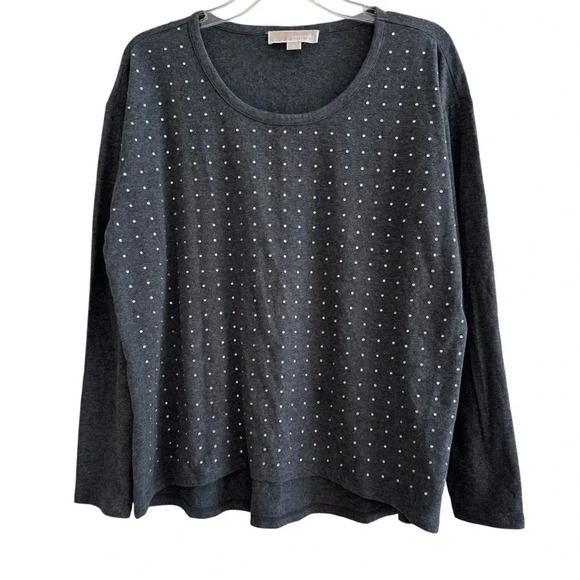 Michael Kors Charcoal Grey Rhinestone Top Tee Long Sleeve Crew Neck Hi-Low L - Picture 1 of 10